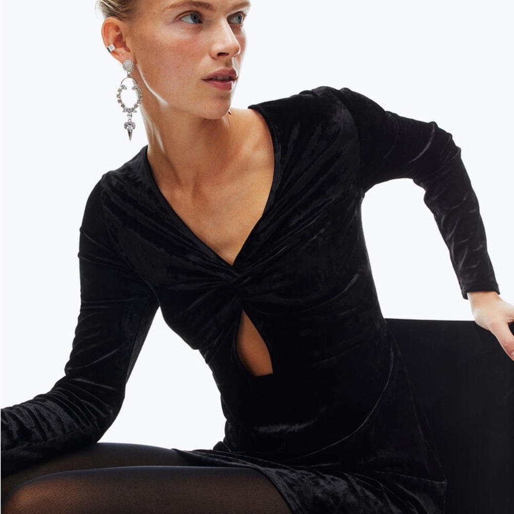 H&M Velvet Twist-Front Black Long-Sleeve Mini Dress